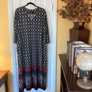 Ulla Popken Black Navy Gold and Red Paisley Maxi Dress